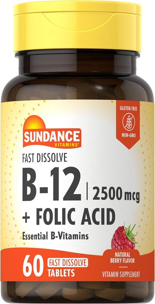 Sundance Fast Dissolve Vitamin B-12 | con ácido fólico | 2500mcg | 60 Count | Natural Berry Flavor | Vegetarian, Non-GMO e Gluten Free Supplement