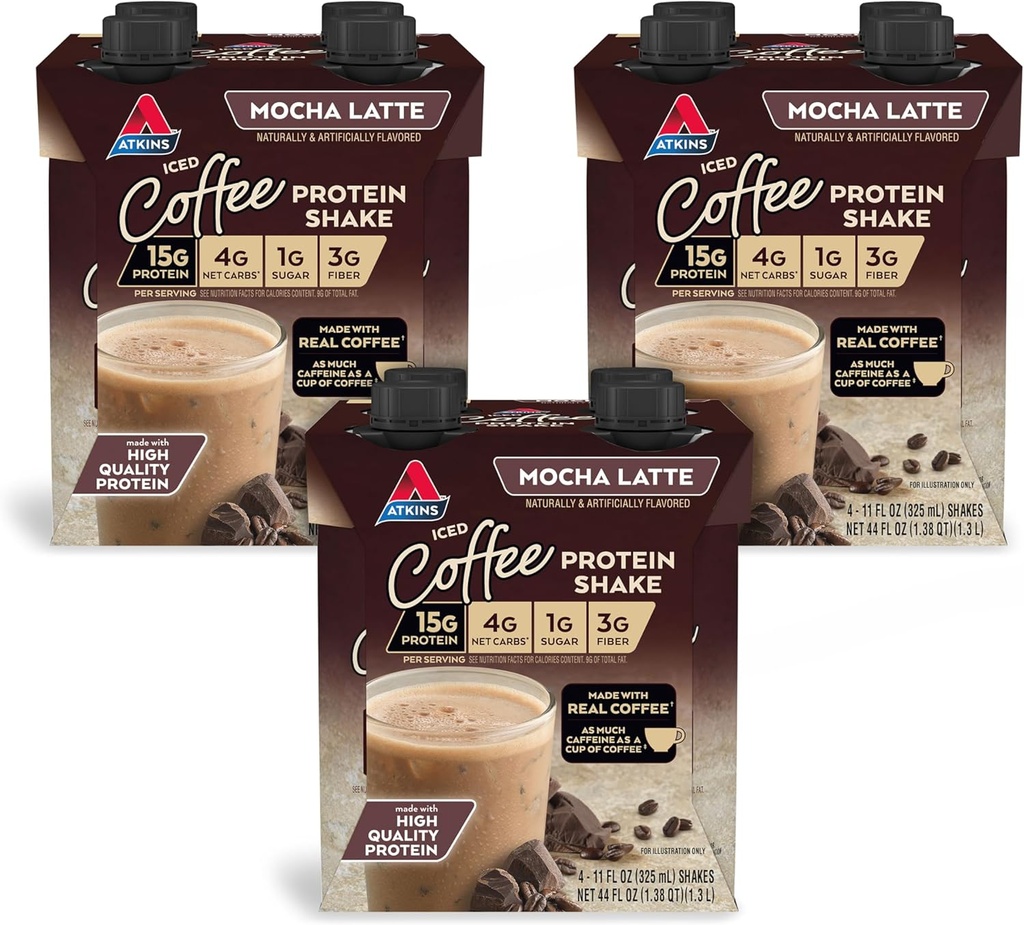 Atkins Mocha Latte Iced Coffee Flavored Proteine Shake, Proteine ridicate, Glycemic scăzut, Carb scăzut și Sugar Shakes, Keto-Friendly, 12 Pack