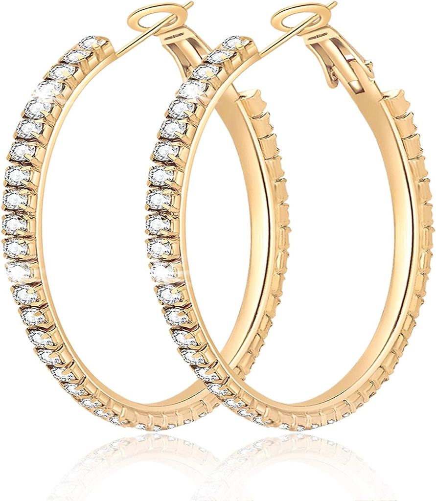 Suur 925 Sterling Silver Hoop Earrings for Women Pave Crystal 14k Plated Gold Hoops Earring for Women Õhuke Sparkly Cubic Zirconia Avaldus Reinstone Jewelry Non Tarnish Hypoallergenic