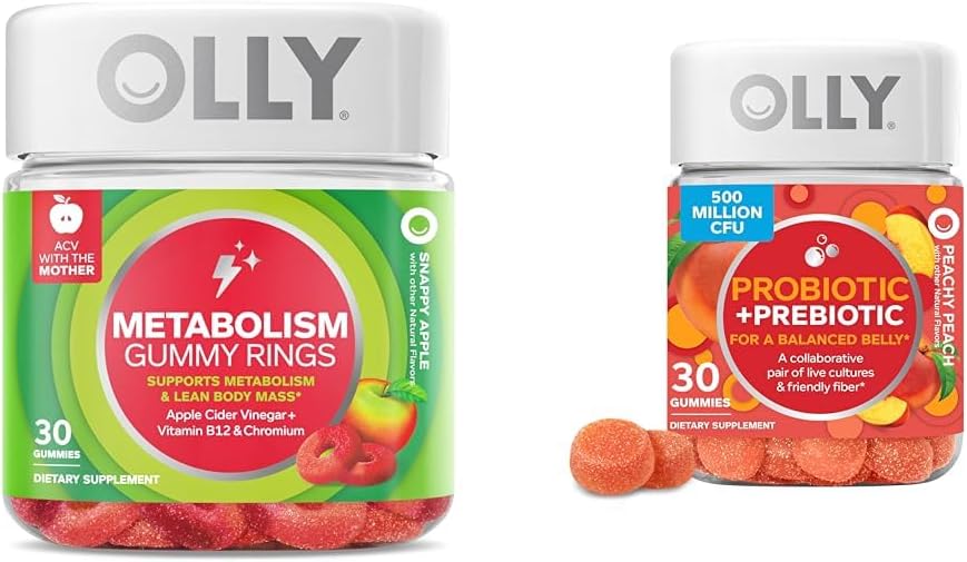 OLLY Metabolism Gummy Rings, Apple Cider Vinegar, Vitamin B12, Chromium " Probiotic + Prebiotic Gummy, Digestive Support and Gut Health, 500 million CFUs, Fiber