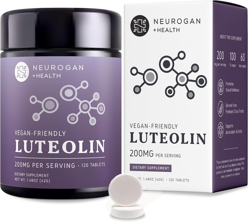 Neurogan Luteolin Supplement Tabletit - 200 MG, 120 Ct - Natural Bioflavonoids Supplements for Cellular & Brain Health, Immunosupport - Plant-Based Flavonoidit, Polyfenolit Supplement miesten ja naisten