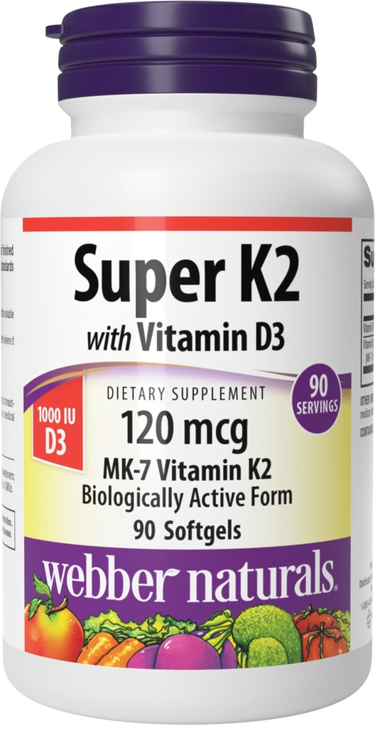 Webber Naturals Super Vitamin K2 MK-7 120 mcg with Vitamin D3, 90 Softgels, Supports Bones, Teeth, and Cardiovascular System
