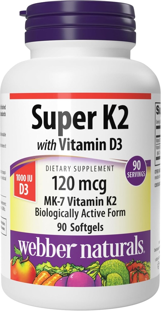 Webber Naturals Super Vitamin K2 MK-7 120 mcg z vitaminom D3, 90 Mehkužci, Podpira kosti, zobje, in kardiovaskularni sistem