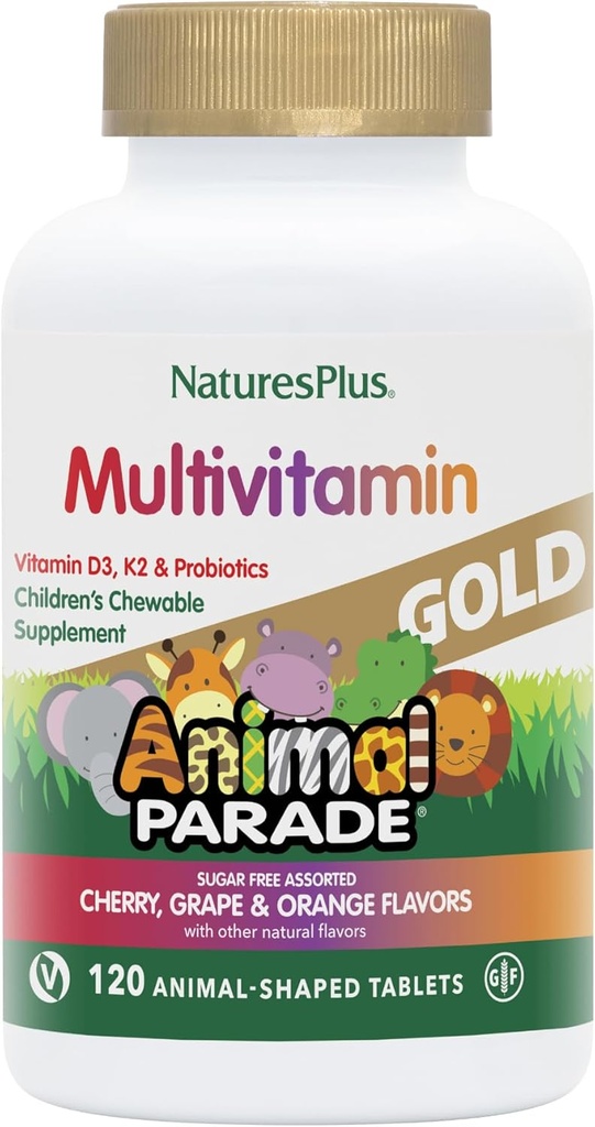 Naturezas Plus Animal Desfile Ouro Multivitamin infantil - 120 Comprimidos mastigáveis em forma de animal - Cereja variada, laranja & sabores de uva - Vegan, Gluten Free - 60 Total Servings
