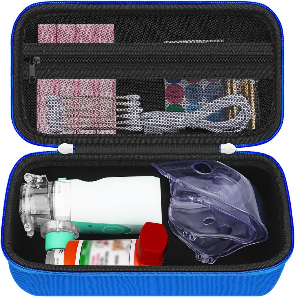HESTECH Hard Travel Carry Case for Asthma Inhaler for Inhaler Spacer, Mask, Inhaler Holder Asthma Bag z Pocket Mesh dla roztworu soli i innych Essentials, Blue (tylko przypadku)