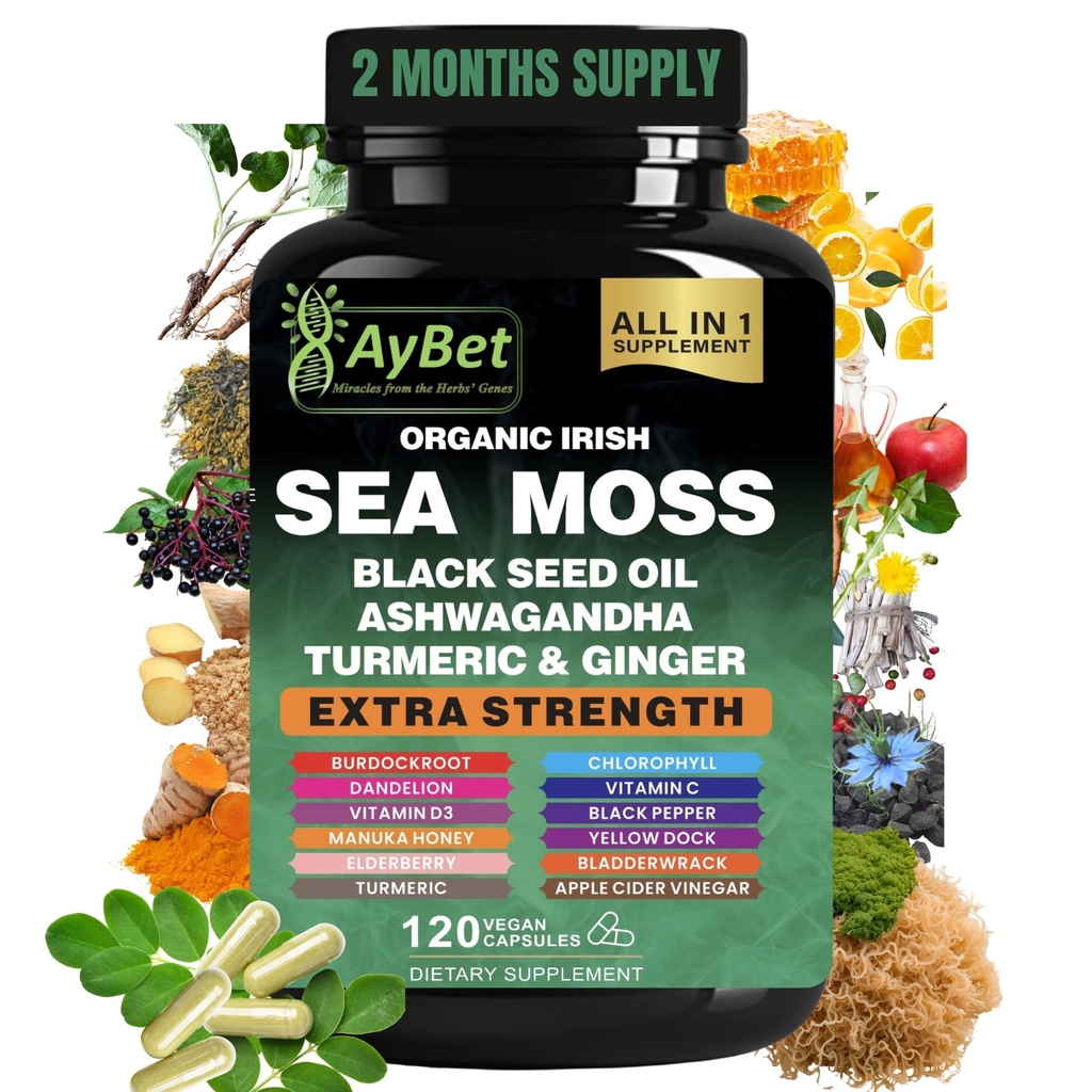 Organic Irish Sea Moss, Black Seed Oil, Ashwagandha, Turmeric,Ginger Capsule, Bladderwrack, Burdock, VIT C&VIT D3, Elderberry, Manuka Honey, Dandelion, Yellow Dock, Apple Cider Vinegar, Halal, Vegan