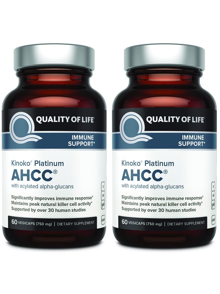 Quality of Life AHCC Kinoko Platinum 750 mg – Premium Immune Support Supplement - Pack of 2, 60 Count Bottles