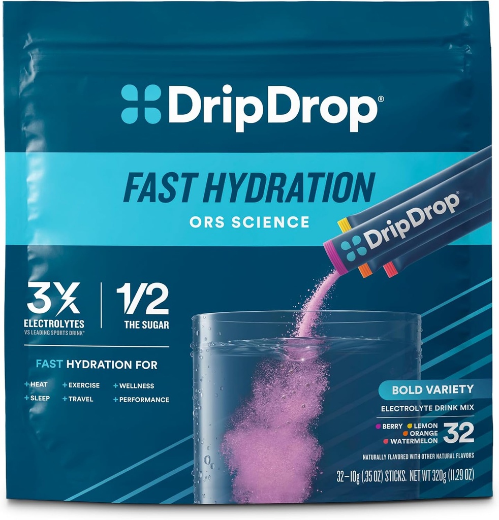 DripDrop Hydratačné balíčky - Odvážne balenie odrody - Single Server Electrolytes Powder Drink Mix - Watermelon, Berry, Citrón, Orange - Non-GMO, Gluten Free, Vegan - 32 Sticks
