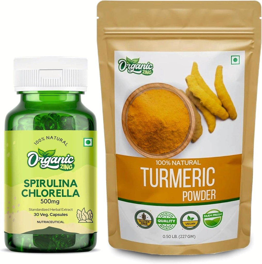 ORGANIC Zing Spirulina Chlorella- 30Cap ' Turmeric Powder- 227g