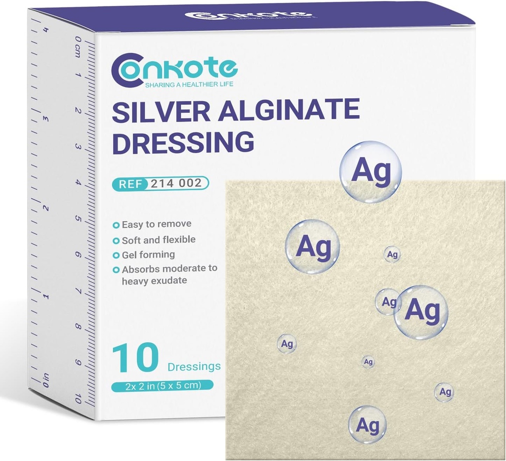 Conkote Silver Alginate Wound Dressing Pads 2 "x 2", 10 Pack, Non-Stick Patting Ag Patches, Vysoce absorbent pro tlakový Ulcer, Bed Sore a Diabetic Foot Ulcer