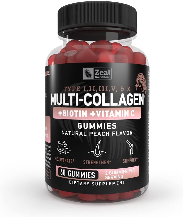 Multi Collagen Peptide Gummies (1, 2, 3, 5 & 10) + Vitamina C + Biotin + ácido hialurónico | Soporte para cabelos saudables, pel e unhas | Non-GMO e Gluten-Free | Natural Peach Flavor | 60 Gummies
