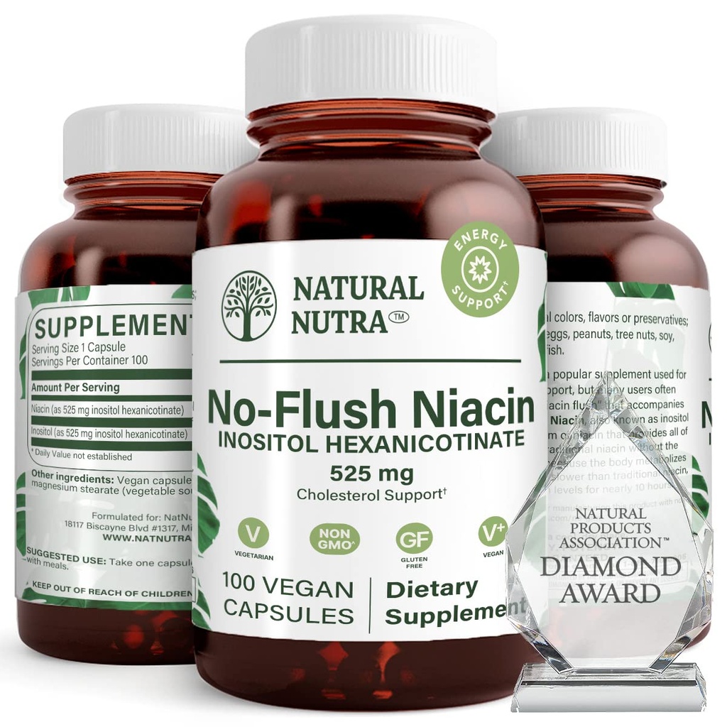 Natural Nutra No Flush Niacin, Vitamin B3 Supplement, Helps Improve Cardiovascular Health, Helps Improve Skin Texture, Promotes Better Brain Function, Helps Boost Energy Level 525 mg, 100 Capsules