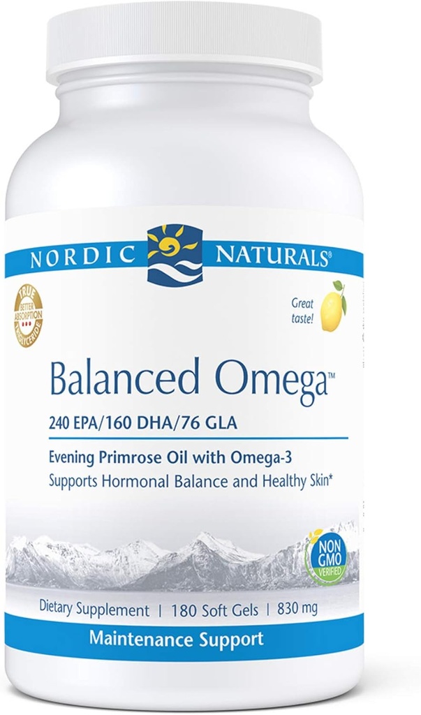 Nordic Naturals Pro Balanced Omega - Arrainaren olioa eta Evening Primrose Oil, 240 mg EPA, 160 mg DHA, 76 mg GLA, Hormonal Balance eta Osasuntsu Skin* onartzen ditu, 180 Gel bigun