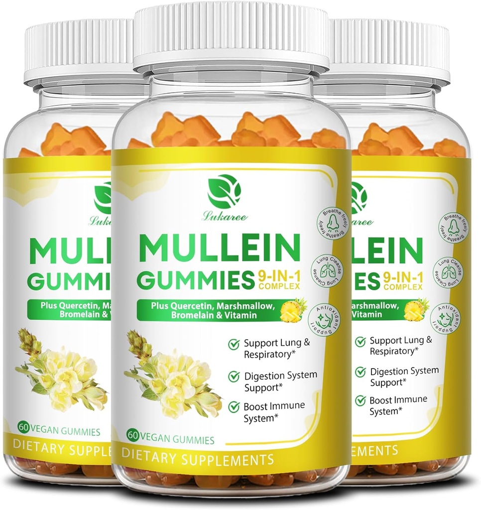 (3 Pack) 9 in 1 Mullein Gummies for Lung Cleanse &quot; Detox, Extra Strength Mullein Leaf Extract w/Quercetin, Bromelain, Elderberry &quot; Marshmallow for Respiratory, Immune &quot; Digestive, Vegan,180 Count