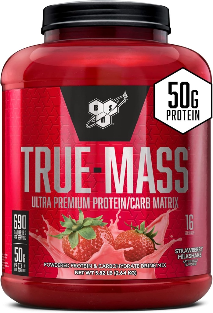 BSN TRUE- MASS vægt Gainer, muskelmasse Gainer Proteinpulver, Jordbær Milkshake, 5.82 Pound