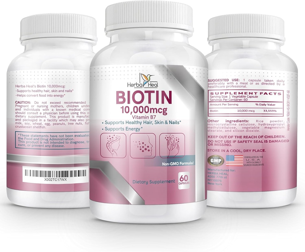 Biotin 10 000MCG Kapsler Hårvekst for kvinner og menn - Vitamin B7 piller - høy potens Supplement for sunn hud negler og hårtransplantasjon