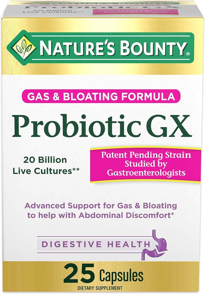 GX Probiotik Nature 's Bounty, Membantu dengan Gas Occasional dan Bloating, Tambahan Diet, Kesehatan Digetical, 25 Kapsul