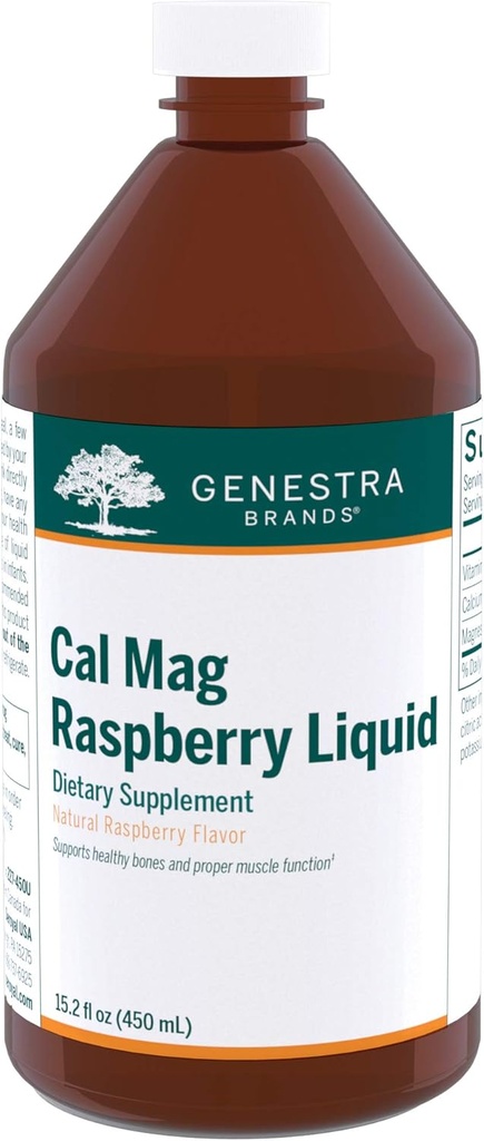 Genestra merker Cal Mag Raspberry flytende  Calcium Kalsium og magnesium Citrat formel med vitamin D | 15,2 fl oz.