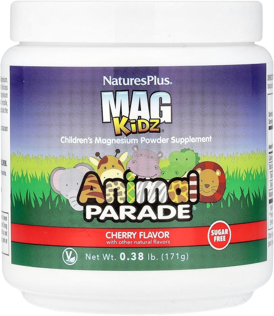 NaturesPlus Animal Parade MagKidz, Cherry Flavor - 0.38 lb - Suplemento de po de magnesio dos nenos - Soporte de ósos e músculos - Gluten gratis, Sugar Free - 45 servizos