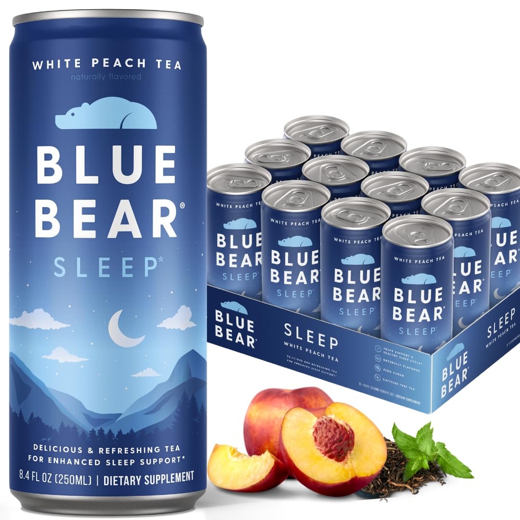 Blue Bear Sleep Adaptogen Drink, Ready-to-Drink Sleep Tea, White Peach Melatonin (5mg) with Chamomile, Lavender, Ashwagandha, GABA & L-Theanine, Caffeine-Free, Zero Sugar, 8.4 Fl Oz (12 Pack)