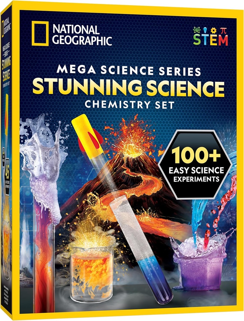 National Geographic Stressing Chemistry Set - Mega Science Kit 45 Easy Experiments- Make a Vulcano és indítsa el a rakéta, STEM Projektek gyerekeknek 8- 12, Science Játékok (Exkluzív)