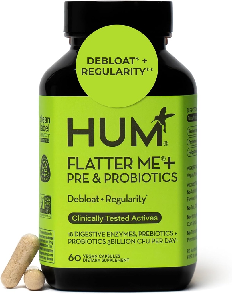 HuUM Flater Me Digestive Enzymes Plus Prebiotics i Probiòtics, Salut Resumiva Bloing suplementari per a Dones i homes, funcions ràpides contra Bloat Pils Multizy Engaling, Vegan, 60 Capules