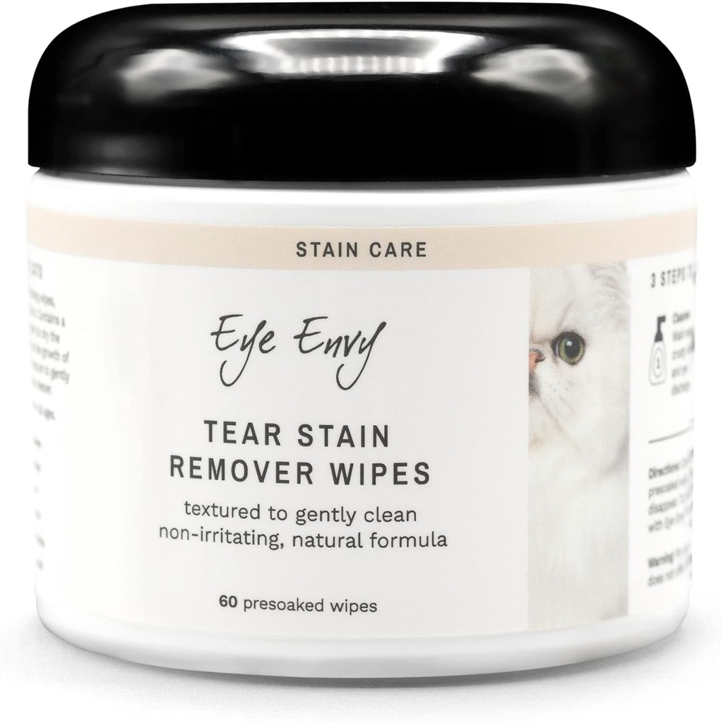 Eye Envy Tear Stain Wipes för katter. Textured till Gently Clean, behandlar orsaken till färgning. 100% naturlig formel. Rekommenderas av Persian & Exotic Breeders, Vets, Groomers. USA Made. 60 Cat Eye Wipes