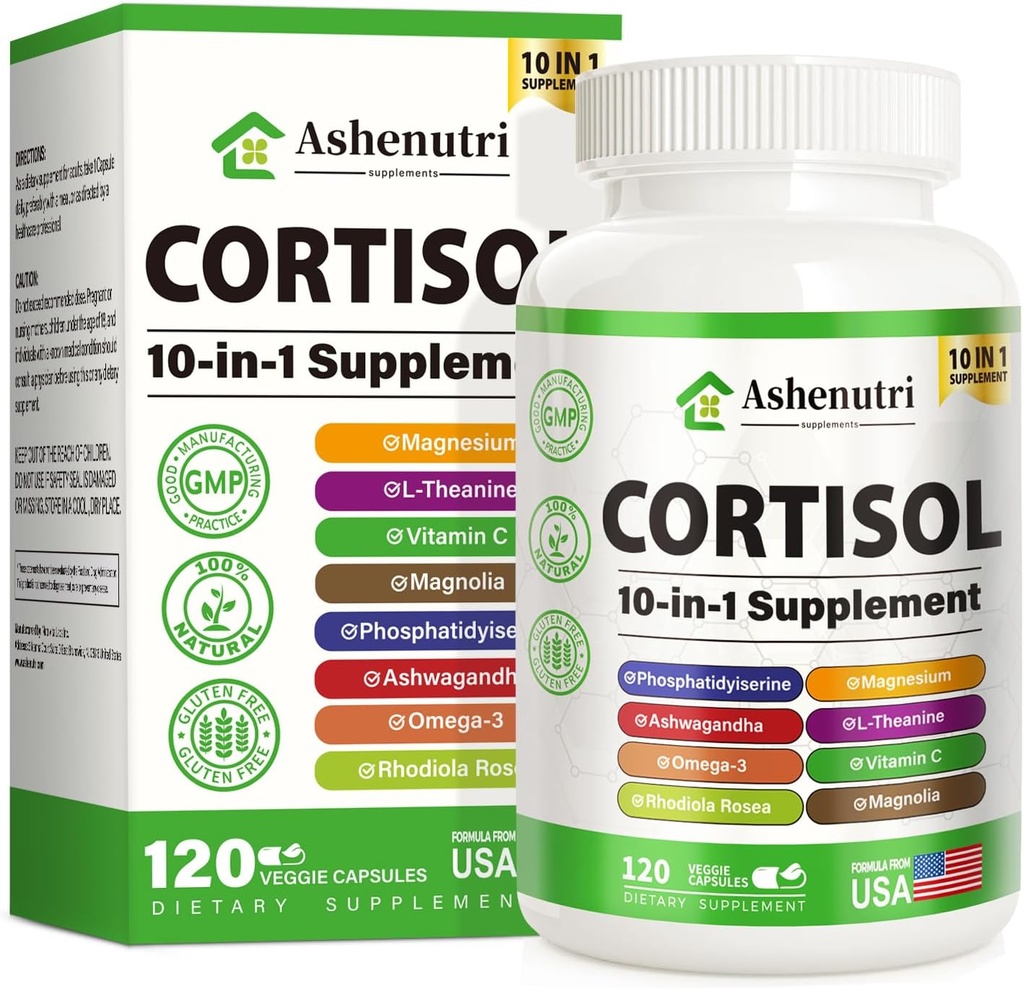 10-in-1 Cortisol Supplement with Magnesium,Ashwagandha,Rhodiola Rosea,L Theanine,Hormone Balance for Women 120 Vegan Capsules