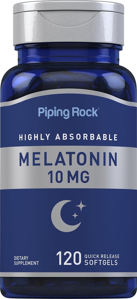 Piping Rock Melatonīns 10mg  - 120 Softgel Kapsulas - Quick Release Papildinājums - Augsta Absorbējama -- Ne-GMO, bez lipekļa