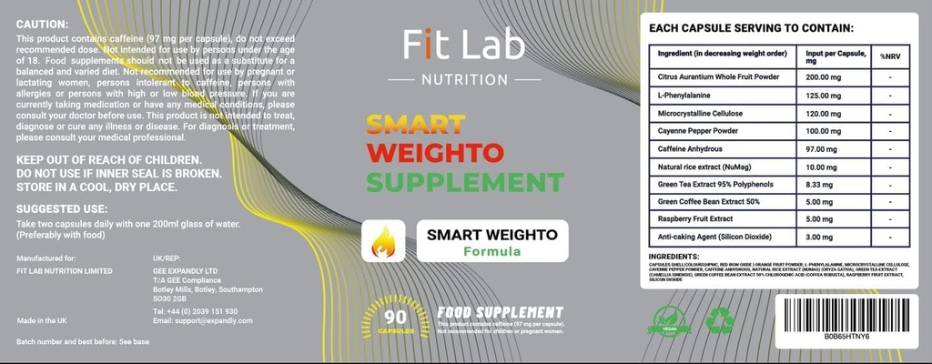 Fit Lab - Smart Weighto Management, Food Supplement - 90 Capsules - Vegan, Halal and Vegetarian Supplements for Women and Men - 45 Days Supply - Gym Essentials