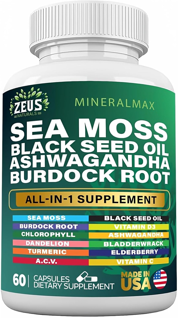 Sea Mos 3000mg Black Seed Oil 2000mg Burdock Root 1000mg Bladderwrack 1000mg Turmeric 1000mg Ashwagandha 1000mg - Elderberry, VIT C, VIT D3, Manuka, ACV (60 count)