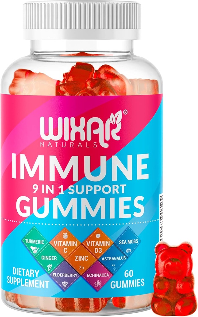 9 in 1 Immune Support Gummies with Elderberry, Vitamin C & D, sink, Turmeric, Ginger, Echinacea, Astragalus & Sea Moss for Immunity Supplement - 60 Gummies