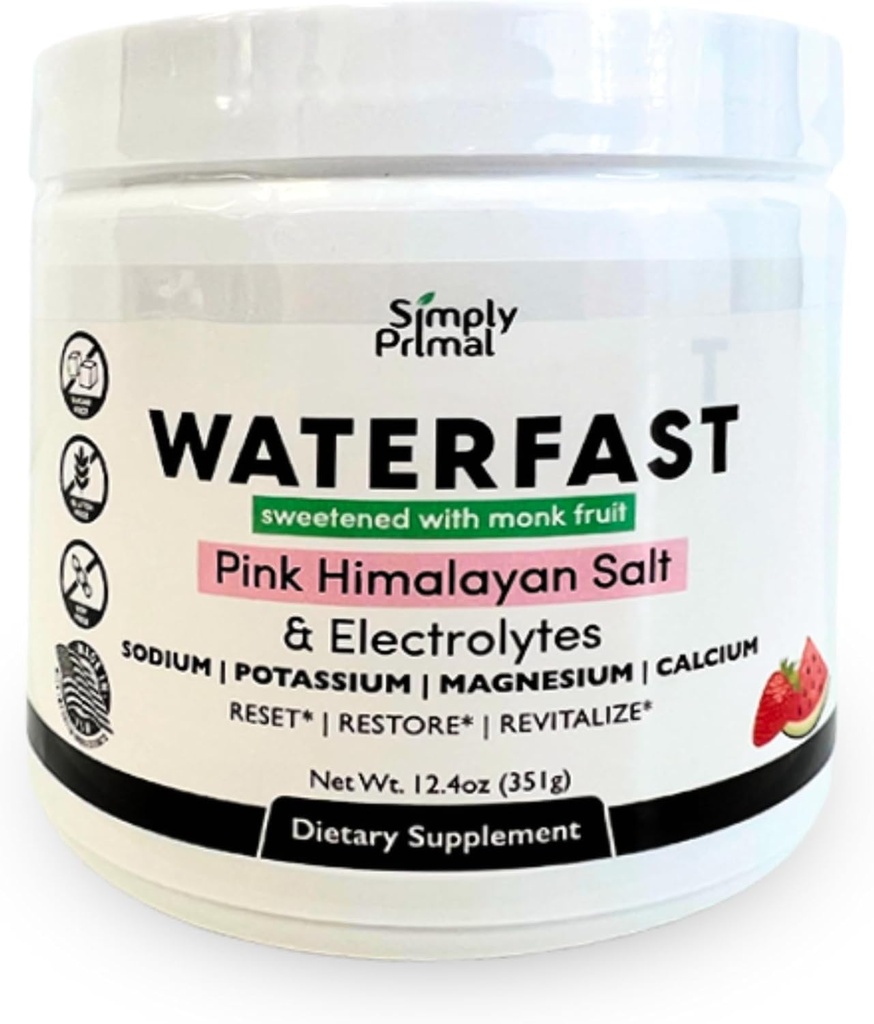 אבקה של WATERFAST Monk Fruit Keto Electrolyte עבור Fasting ו- hydrotion- Strawberry Watermelon Flavor | פינק ההימלאיה (Sodium), Potassium, Magnesium, Calcium | סוכר חינם חינם סוכר