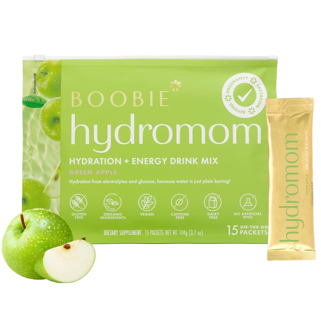 Boobie Hidromom Superfood Electrolyte İçki Mix, Green Apple | Mamas üçün Enerji & Hidram Boost / On-The-Go & Travel Gezmə, Lactation, & Beyond, 15 Packets