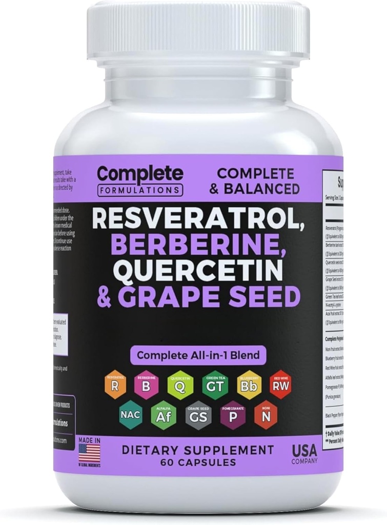 Resveratrol dodatek s Quercetin, Berberine, Grape Seed Extract & Polyfenol Směs pro zdraví pokožky, imunitní podpora a antioxidant Boost