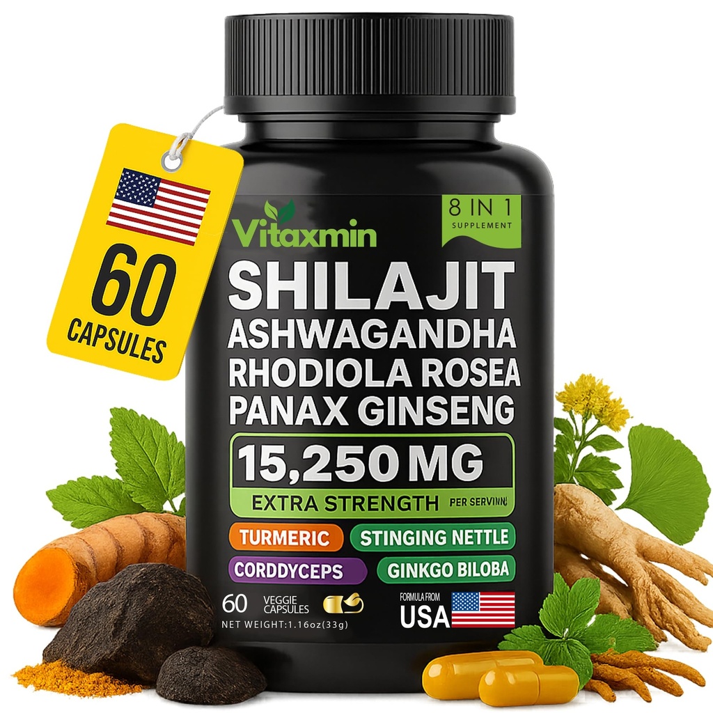 Shilajit and Ashwagandha Capsules, 8-in-1 Herbal Multivitamin for Men and Women, with Rhodiola Rosea, Ginseng, and Stinging Nettle, Shilajit for Men and Women
