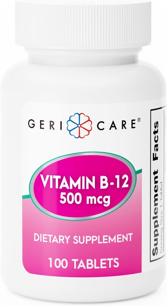GeriCare Vitamin B-12 500mcg Tablet - Mendukung Tingkat Energi Sehat, Fungsi Otak & Sirkulasi Kesehatan - Dipercaya Suplemen Harian Wellness - 100 Count
