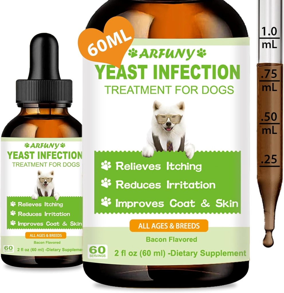 Natural Yeast Infection Treatment for Dogs | 60ML Supports Healthy Itch Relief | Dog Yeast Ear Infection Treatment | Dog Inflammation Relief, Allergy Relief & Skin Itch Relief | 2 fl oz, Bacon Flavor