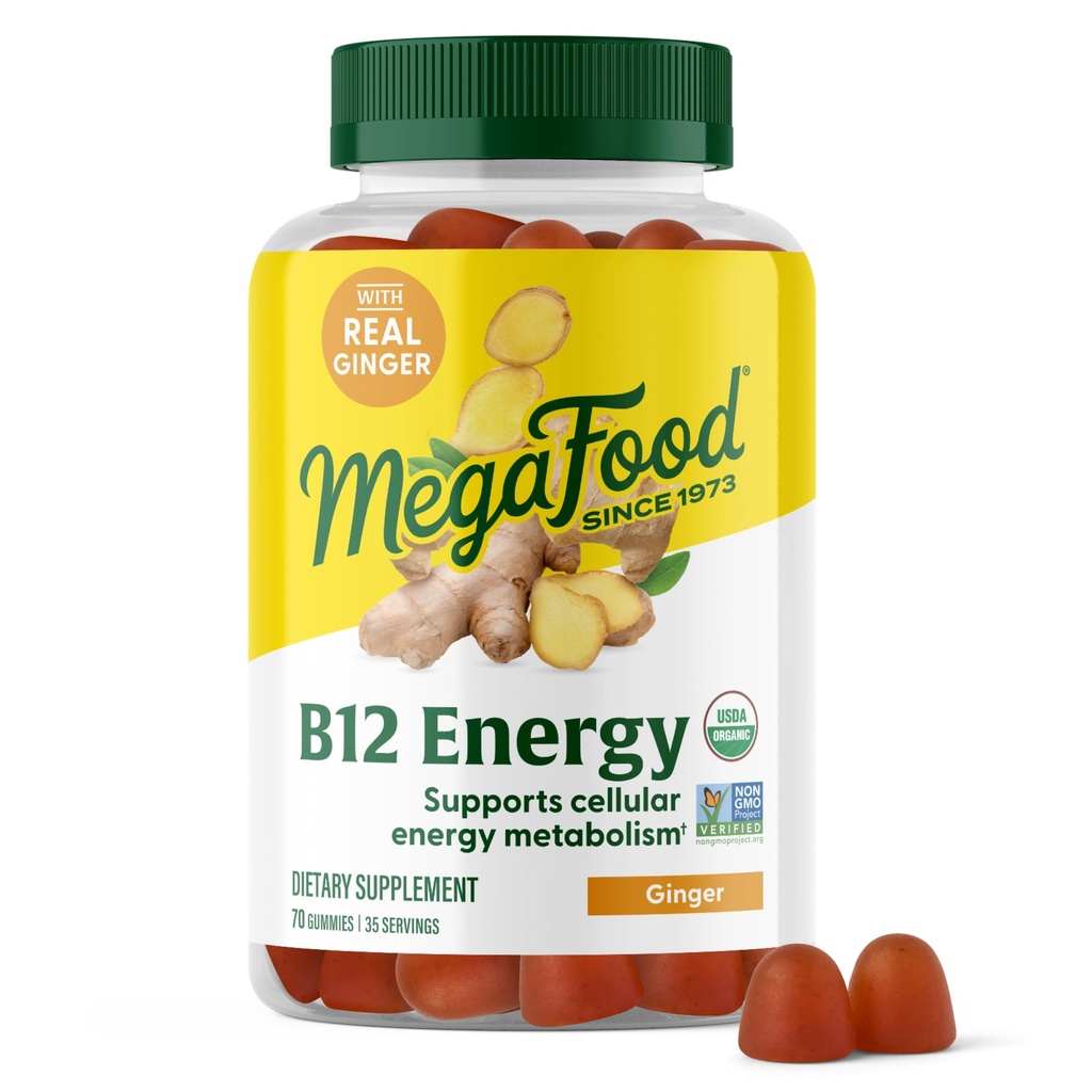 ​MegaFood Vitamin B12 Energy Gummies - Vegan - With Methyl B12 Vitamins to Support Cellular Energy Production - Ginger - Daily Vitamin B12 Supplement - USDA Organic - 70 Gummies, 35 Servings