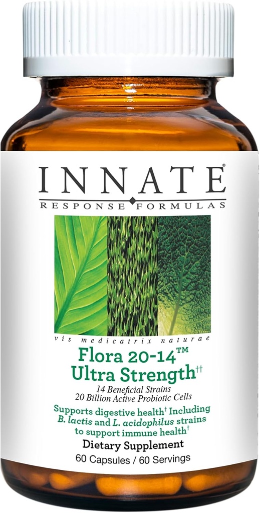 Innate Response Formulas Flora 20-14 Ultra Strength - Probiotic Addition with 20 Billion CFU - 14 Probiotic Strames - Vegetarian and Non-GMO - Made without 9 Food Allergens - 120 Caps ules
