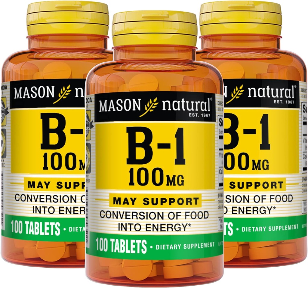 Mason Natural Vitamin B1 (Thiamin) 100 mg, Sund konvertering af fødevarer til energi, understøtter nerve og immunforsvar, 100 tabletter (pakke med 3)