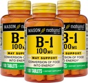 Mason naturlig vitamin B1 (Thiamin) 100 mg, sunn konvertering av mat til energi, støtter nerve og immun helse, 100 tabletter (pakke med 3)