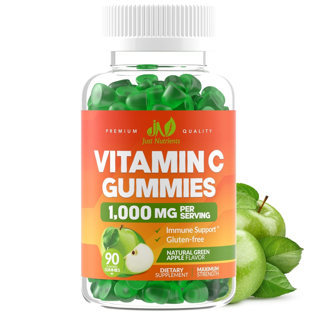 Vitamin C 1000mg Gummies (90 Count) - Maximum Strength Chewable Immune Support & Collagen Support for Adults & Kids - Natural Green Apple Flavor - Gluten Free, Non-GMO, Vegetarian - 90 Gummies