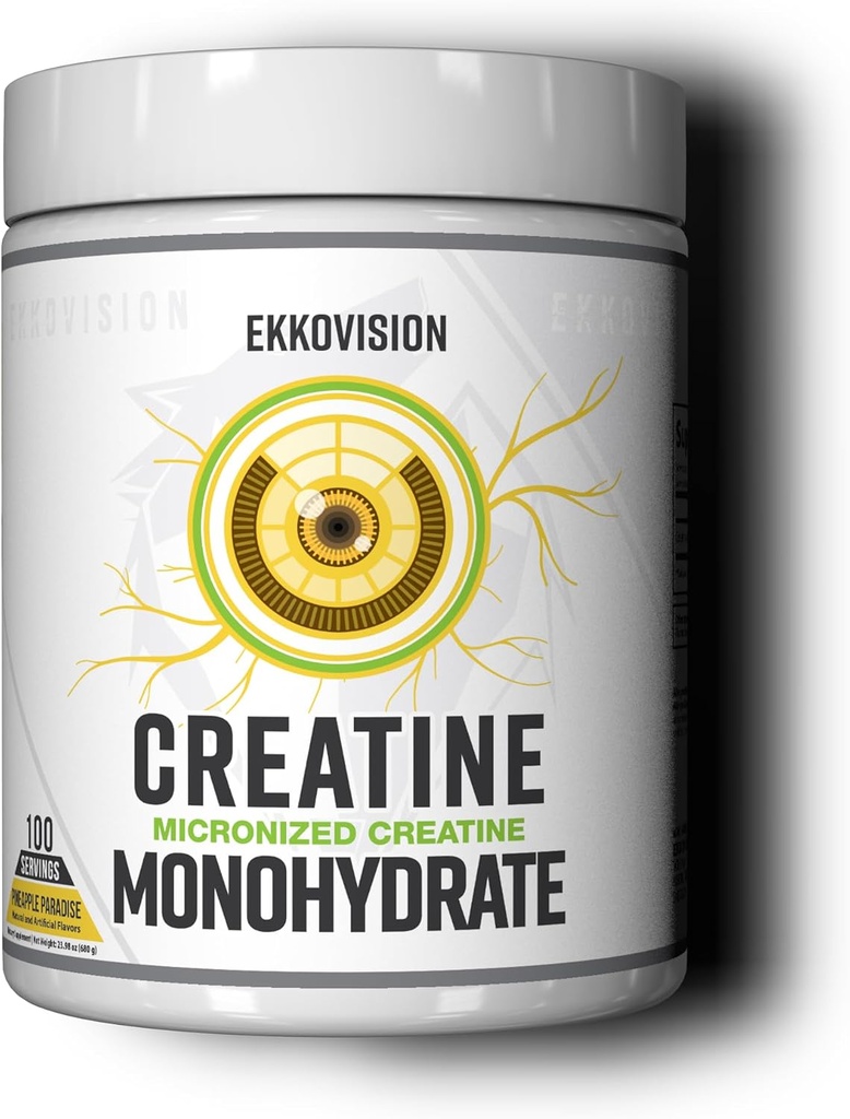 Ekkovision Creatine 单水合金粉,微量化,菠萝天堂,男女工作前和后期补充,能源支持,易混合在摇摆,滑动和饮料中,100 Srvgs