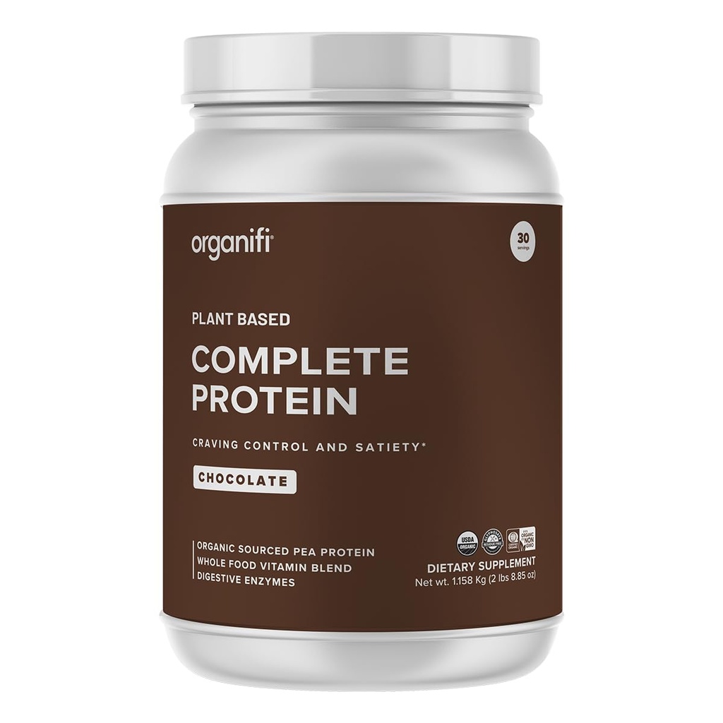 Organifi Complete proteïne Chocolate Smaak - Biologische Vegan Plant Based Protein Powder met Digestieve Enzymen - 30 dagen levering - Geen soja, zuivel of Gluten