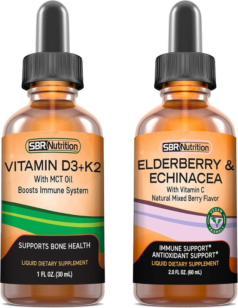 SBR 영양 D3 + K2 및 Elderberry 번들 비타민 D3K2 (MK7) 액체 드롭, 페퍼 민트, 1oz | Elderberry & Echinacea & 비타민 C 액체 드롭, 2oz | 성인 및 어린이 | 비 GMO, 글루텐 무료