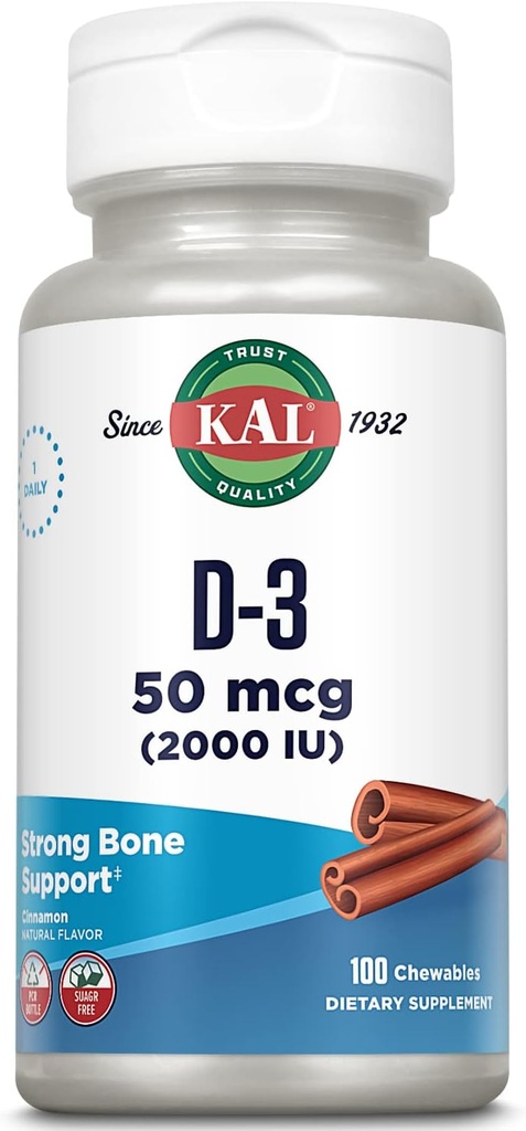 KAL Vitamina D3 Mastigables 50 mcg, Vitamina D 2000 UI como Cholecalciferol, Açúcar livre, Natural canela sabor D3 Vitamina, Imune Support & Saúde Óssea, 100 Servings, 100 Chewables