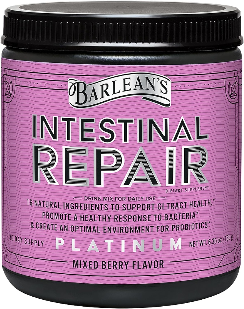 Pó para a saúde intestinal de Barlean com 16 suplementos digestivos, L-Glutamina, Marshmallow e raiz de alcaçuz, Aloe Vera, e fibra mista de sabor de berry, 6.35 oz