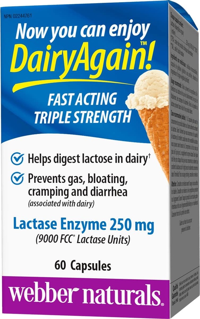 Webber Naturals Dairy again 250mg Lactase Enzyme Triple Strength, 60 Capsules