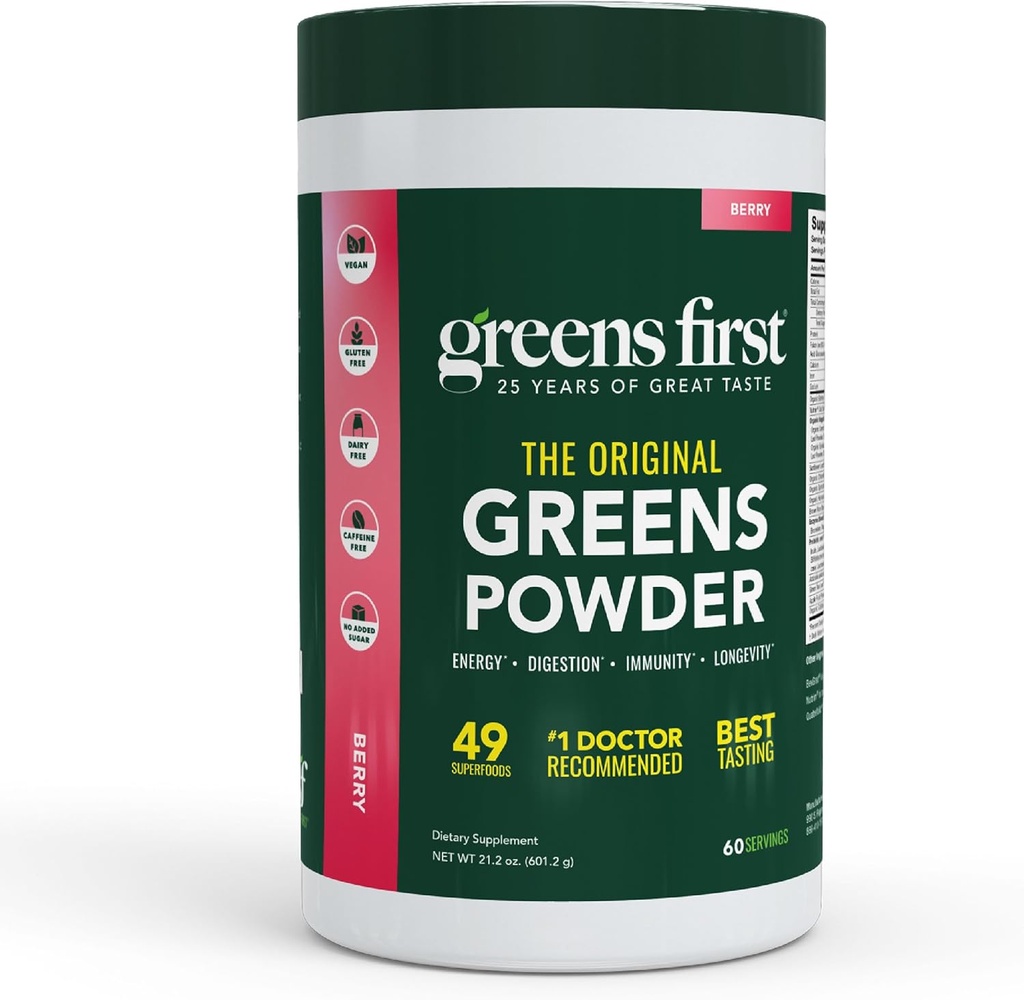 Greens First Original Greens אבקת - 49 Superfoods - פירות אורגניים & Veggies - Prebiotics, Probiotics & Digestive Enzymes - Antioxidant Smoothie - חלב חינם, טבעוני ללא GMO (Berry, 60 משרתים)